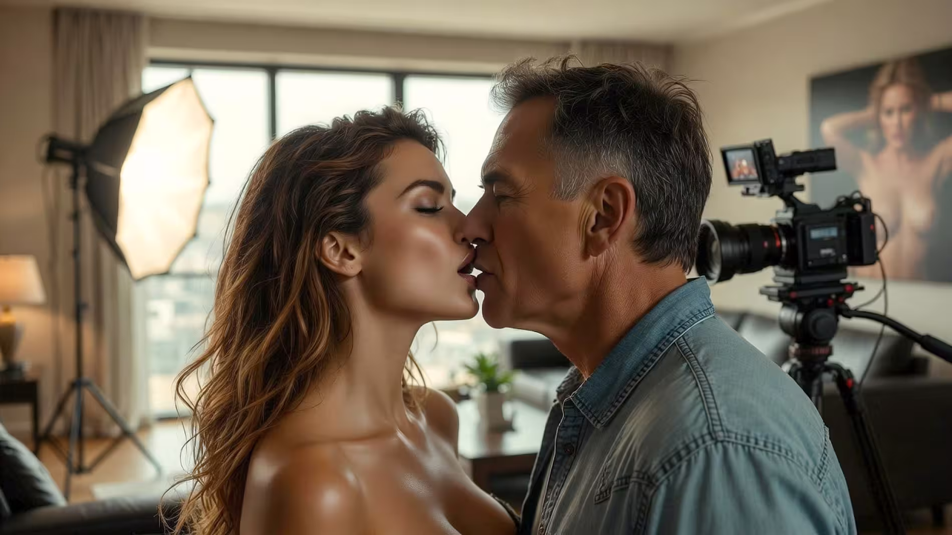 Paar in leidenschaftlicher Nähe mit Videokamera im Hintergrund – Private Erotikamateure treffen und unvergessliche Abenteuer erleben