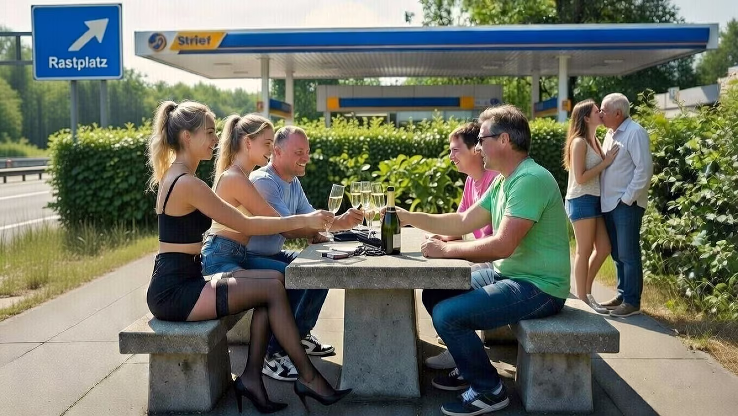 Gruppe von Männern und Frauen beim Flirten und Küssen an einem Rastplatz – Treffpunkte für heißen Parkplatzsex an deutschen Autobahnen