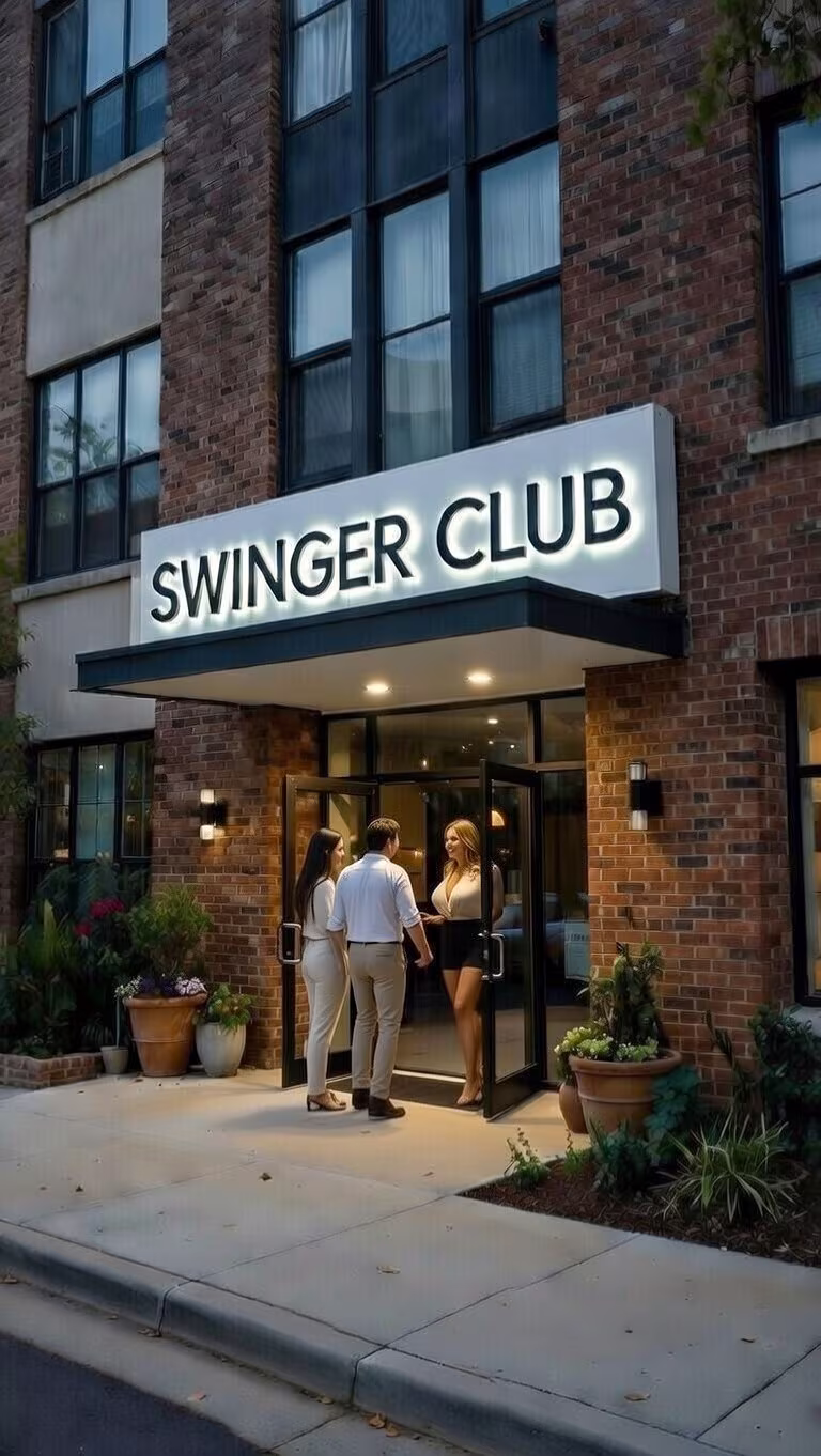 Paar vor dem beleuchteten Eingang eines Swinger Clubs – Warum gehen Menschen in solche Clubs? Erkundung neuer sexueller Erlebnisse und emotionaler Bindung