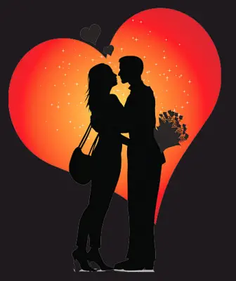 Ein verliebtes Paar was flirtet und sich datet,vor einem roten großen Herz im Comic Stiel